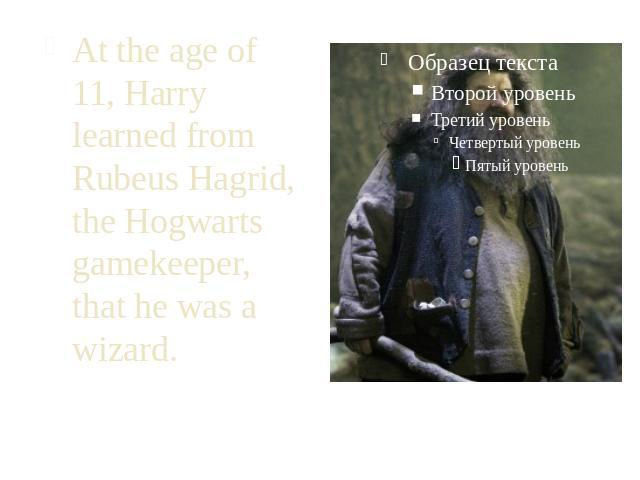 At the age of 11, Harry learned from Rubeus Hagrid, the Hogwarts gamekeeper, that he was a wizard.