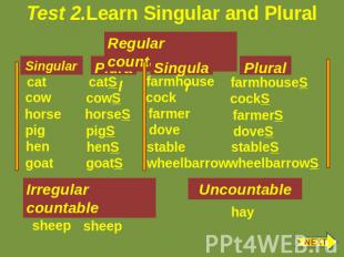 Test 2.Learn Singular and Plural Regular countable Singular cat cow horse hen go
