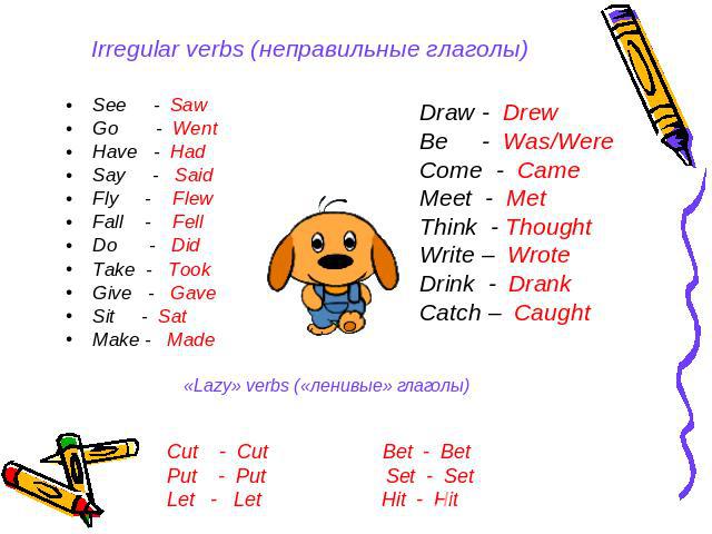 Irregular verbs (неправильные глаголы) See - Saw Go - Went Have - Had Say - Said Fly - Flew Fall - Fell Do - Did Take - Took Give - Gave Sit - Sat Make - Made Draw - Drew Be - Was/Were Come - Came Meet - Met Think - Thought Write – Wrote Drink - Dra…