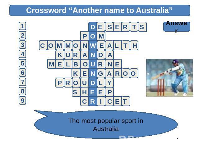 Crossword “Another name to Australia” Answer The most popular sport in Australia
