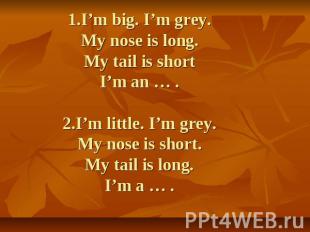 1.I’m big. I’m grey.My nose is long.My tail is shortI’m an … .2.I’m little. I’m
