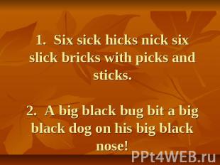 1. Six sick hicks nick six slick bricks with picks and sticks.2. A big black bug