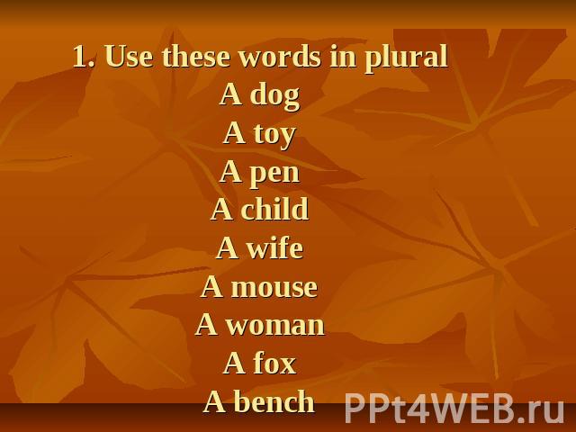 1. Use these words in plural a dog a toy a pen a child a wife a mouse a woman a fox a bench