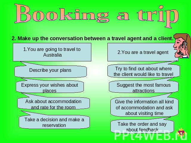 Booking a trip 2. Make up the conversation between a travel agent and a client. 1.You are going to travel to Australia Describe your plans Express your wishes about places Ask about accommodation and rate for the room Take a decision and make a rese…