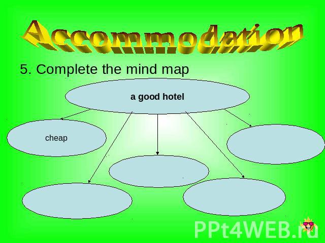 Accommodation 5. Complete the mind map a good hotel cheap