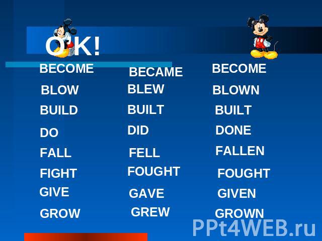 O’K! BECOME blow build do fall fight give grow became blew built did fell fought gave grew become blown built done fallen fought given grown