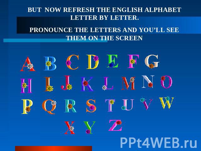 BUT NOW REFRESH THE ENGLISH ALPHABET LETTER BY LETTER. PRONOUNCE THE LETTERS AND YOU’LL SEE THEM ON THE SCREEN