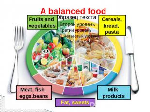 A balanced food Fruits and vegetables Cereals, bread, pasta Meat, fish, eggs,bea