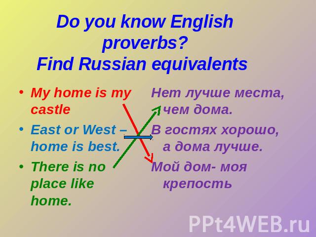 Do you know English proverbs?Find Russian equivalents My home is my castle East or West – home is best. There is no place like home. Нет лучше места, чем дома. В гостях хорошо, а дома лучше. Мой дом- моя крепость