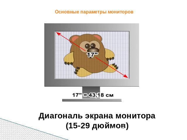 Основные параметры мониторов Диагональ экрана монитора (15-29 дюймов)