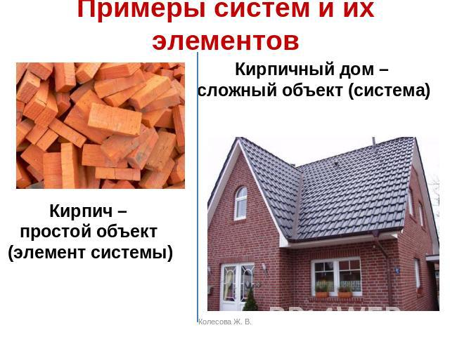 Примеры систем и их элементовКирпичный дом – сложный объект (система) Кирпич – простой объект (элемент системы)