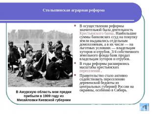 Столыпинская аграрная реформа В осуществлении реформы значительной была деятельн