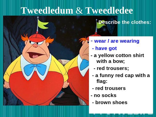 Tweedledum & Tweedledee Describe the clothes: - wear / are wearing - have got - a yellow cotton shirt with a bow; - red trousers; - a funny red cap with a flag: - red trousers - no socks - brown shoes