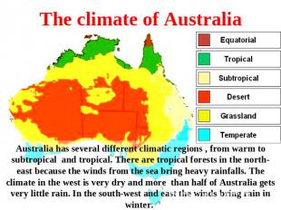 The climate of Australia Australia has several different climatic regions , from