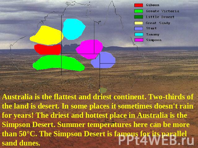 Australia is the flattest and driest continent. Two-thirds of the land is desert. In some places it sometimes doesn't rain for years! The driest and hottest place in Australia is the Simpson Desert. Summer temperatures here can be more than 50°C. Th…