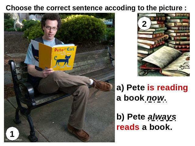 Choose the correct sentence accoding to the picture : a) Pete is reading a book now. b) Pete always reads a book.