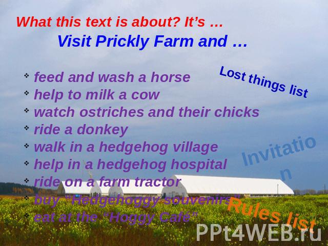 What this text is about? It’s … Visit Prickly Farm and … feed and wash a horse help to milk a cow watch ostriches and their chicks ride a donkey walk in a hedgehog village help in a hedgehog hospital ride on a farm tractor buy “Hedgehoggy souvenirs”…
