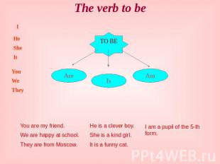 The verb to be You are my friend. We are happy at school. They are from Moscow.