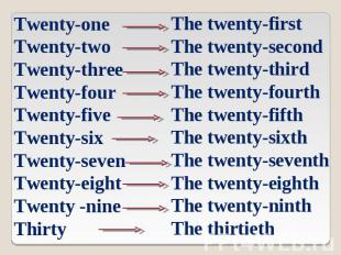 Twenty-one Twenty-two Twenty-three Twenty-four Twenty-five Twenty-six Twenty-sev