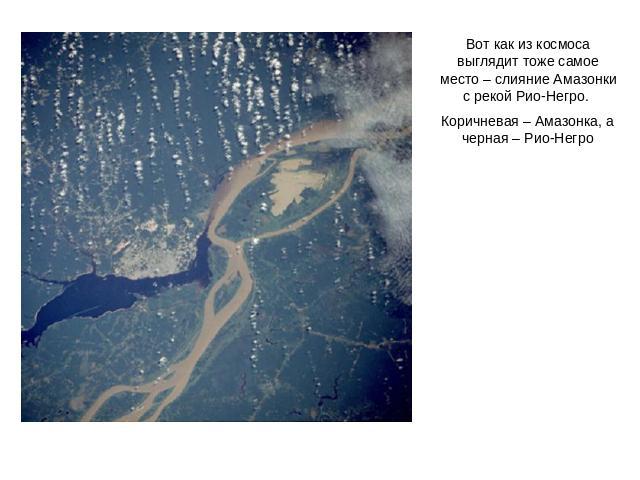 Вот как из космоса выглядит тоже самое место – слияние Амазонки с рекой Рио-Негро. Коричневая – Амазонка, а черная – Рио-Негро
