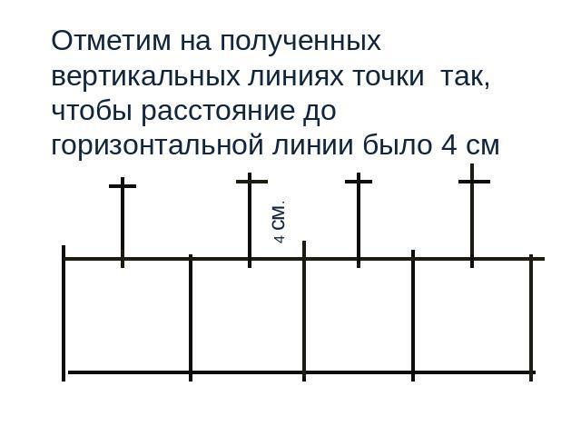 Отметим на полученных вертикальных линиях точки так, чтобы расстояние до горизонтальной линии было 4 см