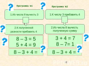 Программа №1 Программа №2 8 – 3 = 5 5 + 4 = 9 8 – 3 + 4 = 3 + 4 = 7 8 – 7= 1 8 –