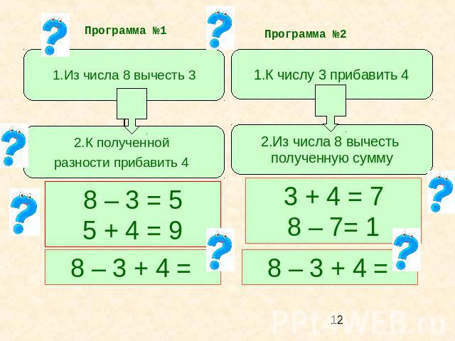 Программа №1 Программа №2 8 – 3 = 5 5 + 4 = 9 8 – 3 + 4 = 3 + 4 = 7 8 – 7= 1 8 – 3 + 4 =