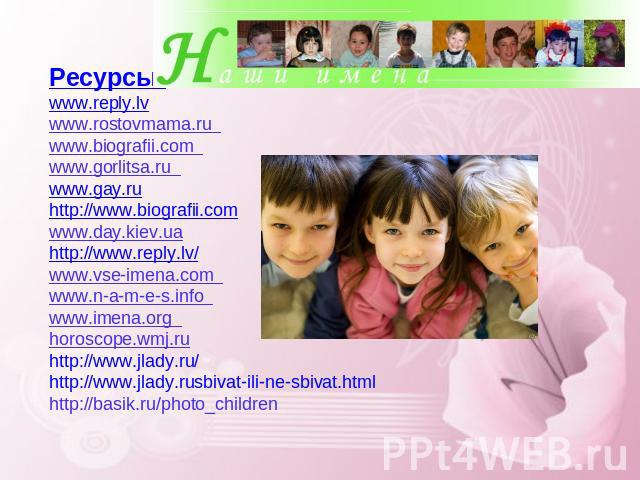 Ресурсы: www.reply.lv www.rostovmama.ru   www.biografii.com   www.gorlitsa.ru   www.gay.ru http://www.biografii.com www.day.kiev.ua http://www.reply.lv/ www.vse-imena.com   www.n-a-m-e-s.info   www.imena.org   horoscope.wmj.ru http://www.jlady.ru/ h…
