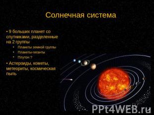 Солнечная система 9 больших планет со спутниками, разделенные на 2 группы Планет