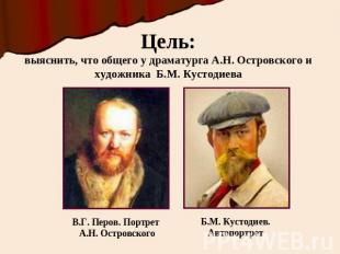 Цель:выяснить, что общего у драматурга А.Н. Островского и художника Б.М. Кустоди