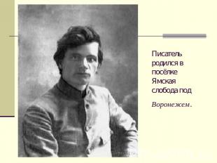 Писатель родился в посёлке Ямская слобода под Воронежем.