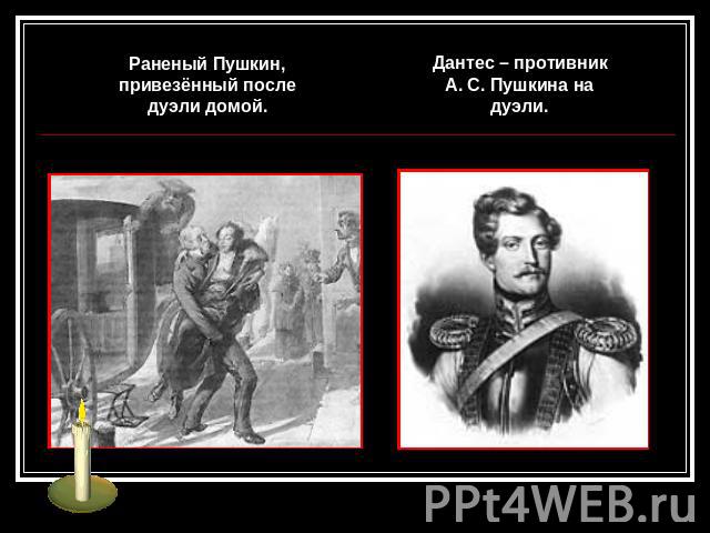 Раненый Пушкин,привезённый последуэли домой.Дантес – противник А. С. Пушкина на дуэли.