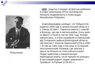 1936 - родился 3 января четвёртым ребёнком в семье начальника ОРСа леспромхоза М