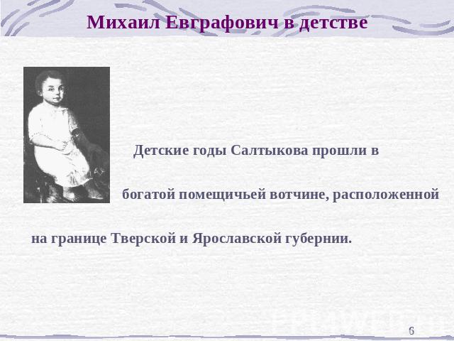 Михаил Евграфович в детстве Детские годы Салтыкова прошли в богатой помещичьей вотчине, расположенной на границе Тверской и Ярославской губернии.