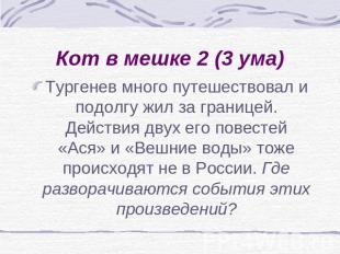 Кот в мешке 2 (3 ума) Тургенев много путешествовал и подолгу жил за границей. Де