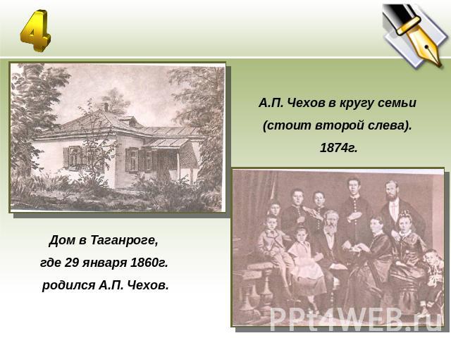 А.П. Чехов в кругу семьи (стоит второй слева). 1874г.Дом в Таганроге, где 29 января 1860г. родился А.П. Чехов.