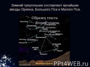 Зимний треугольник составляют ярчайшие звезды Ориона, Большого Пса и Малого Пса.