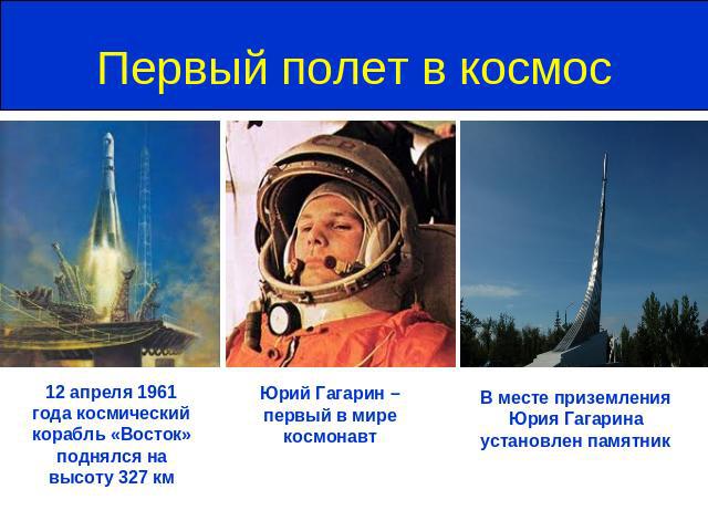 Первый полет в космос 12 апреля 1961 года космический корабль «Восток» поднялся на высоту 327 кмЮрий Гагарин – первый в мире космонавтВ месте приземления Юрия Гагарина установлен памятник
