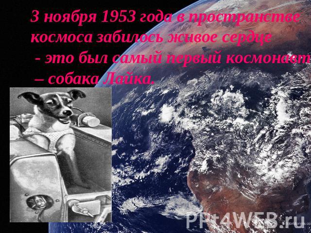 3 ноября 1953 года в пространстве космоса забилось живое сердце - это был самый первый космонавт – собака Лайка.