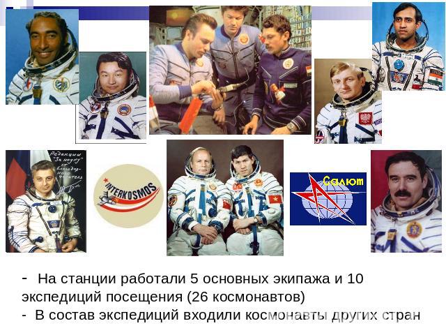 - На станции работали 5 основных экипажа и 10 экспедиций посещения (26 космонавтов)- В состав экспедиций входили космонавты других стран