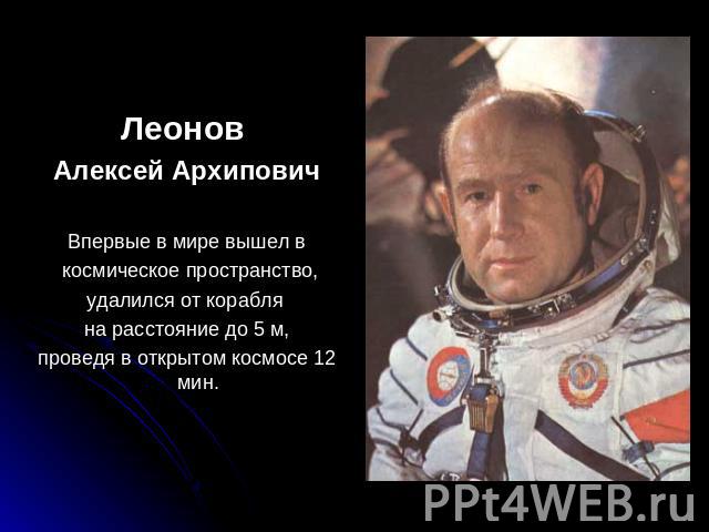Леонов Алексей АрхиповичВпервые в мире вышел в космическое пространство,удалился от корабля на расстояние до 5 м,проведя в открытом космосе 12 мин.
