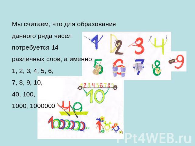 Мы считаем, что для образованияданного ряда чиселпотребуется 14различных слов, а именно:1, 2, 3, 4, 5, 6,7, 8, 9, 10,40, 100,1000, 1000000