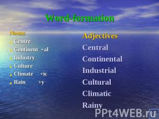 Word-formation NounsCentre Continent +al IndustryCultureClimate +ic Rain +yAdjec