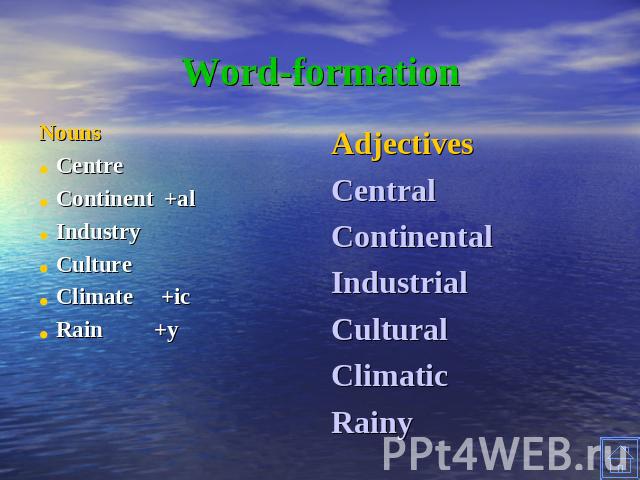 Word-formation NounsCentre Continent +al IndustryCultureClimate +ic Rain +yAdjectivesCentralContinentalIndustrialCulturalClimaticRainy