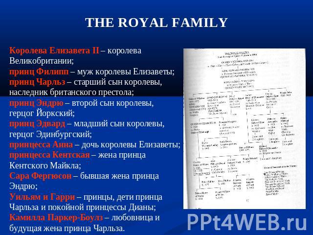 THE ROYAL FAMILY Королева Елизавета II – королева Великобритании;принц Филипп – муж королевы Елизаветы;принц Чарльз – старший сын королевы, наследник британского престола;принц Эндрю – второй сын королевы, герцог Йоркский;принц Эдвард – младший сын …