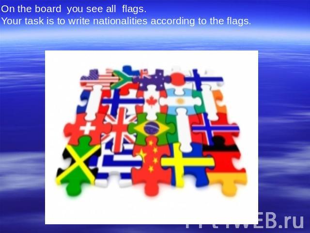 On the board  you see all  flags. Your task is to write nationalities according to the flags.