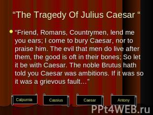 “The Tragedy Of Julius Caesar “ “Friend, Romans, Countrymen, lend me you ears; I