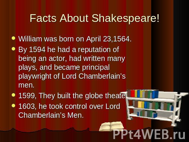 Facts About Shakespeare! William was born on April 23,1564.By 1594 he had a reputation of being an actor, had written many plays, and became principal playwright of Lord Chamberlain’s men.1599, They built the globe theater.1603, he took control over…