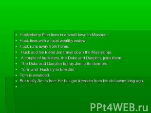 Huckleberry Finn lives in a small town in Missouri. Huck lives with a local weal