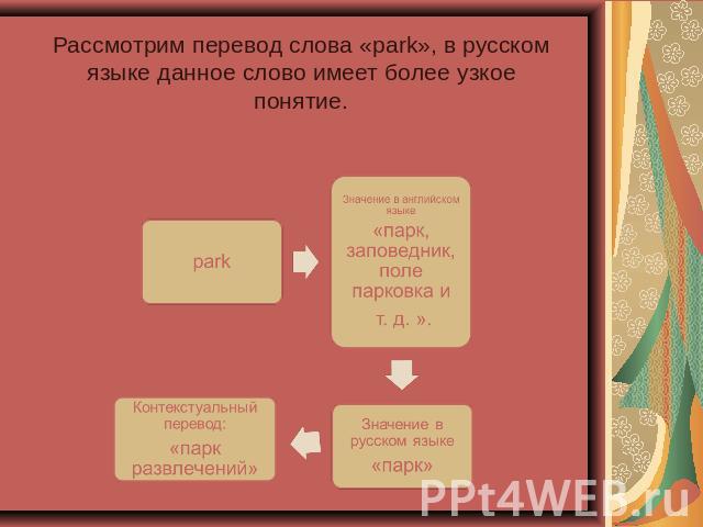 Рассмотрим перевод слова «park», в русском языке данное слово имеет более узкое понятие.